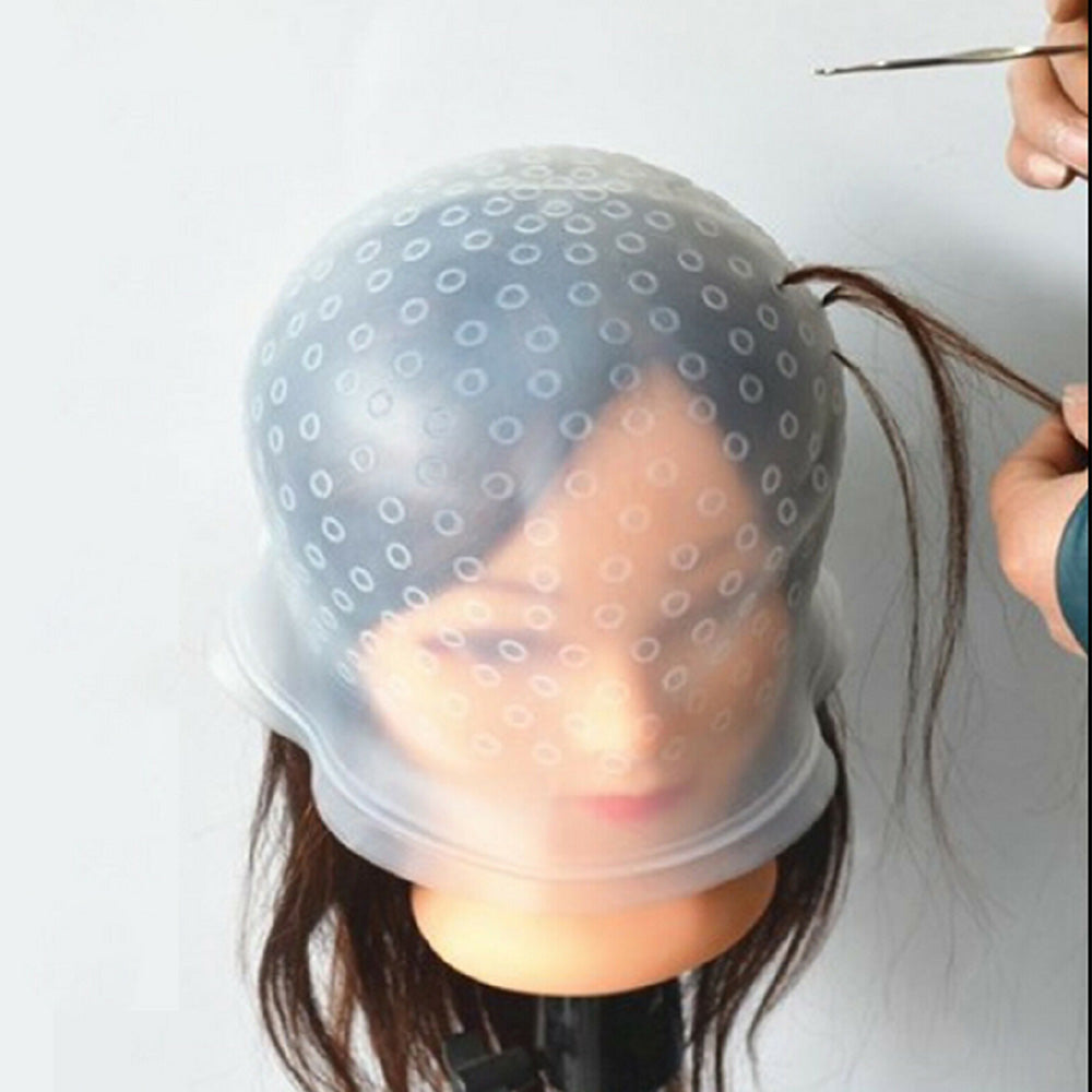 Reusable Silicone Hair Highlighting Cap with Stainless Steel Hook-White