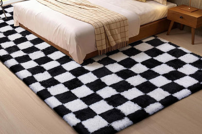 Checkered Plush Shaggy Rug Non Slip Carpet - Black