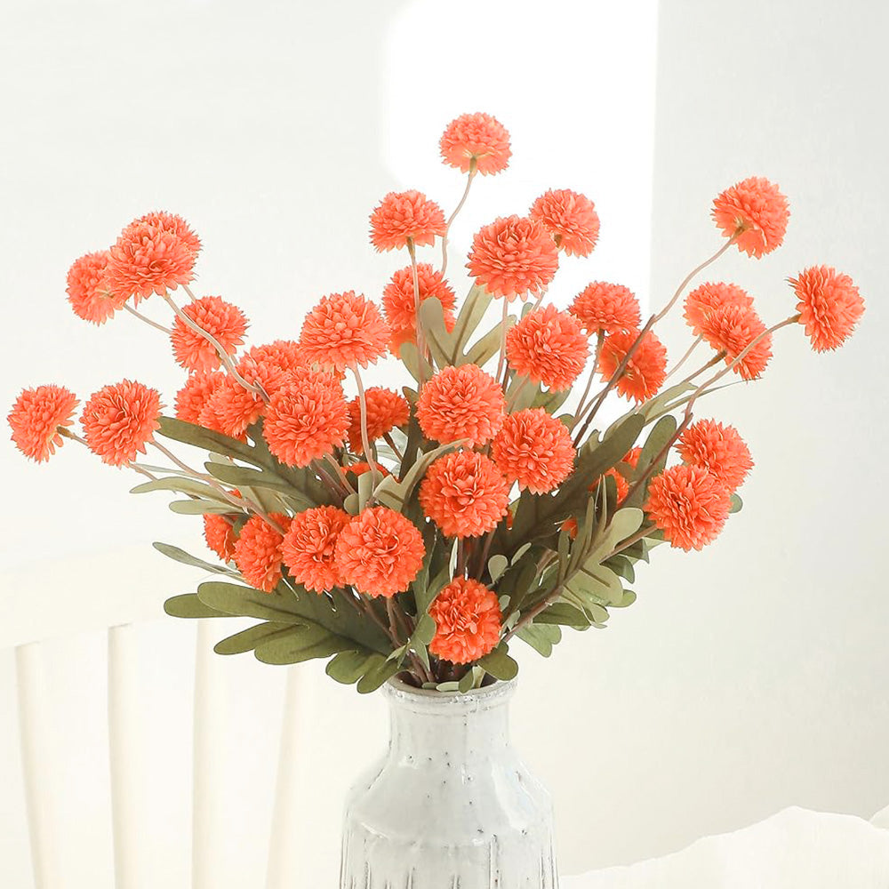 5 Pack Stem Cloth Dandelion Ball Artificial Flowers with Bendable Stems - Orange