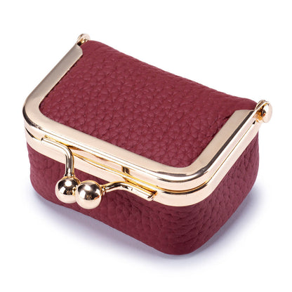 Mini Genuine Leather Jewelry Box Portable Vintage-Inspired Jewelry Case with Kiss Lock for Earring Ring Pink Wine Red