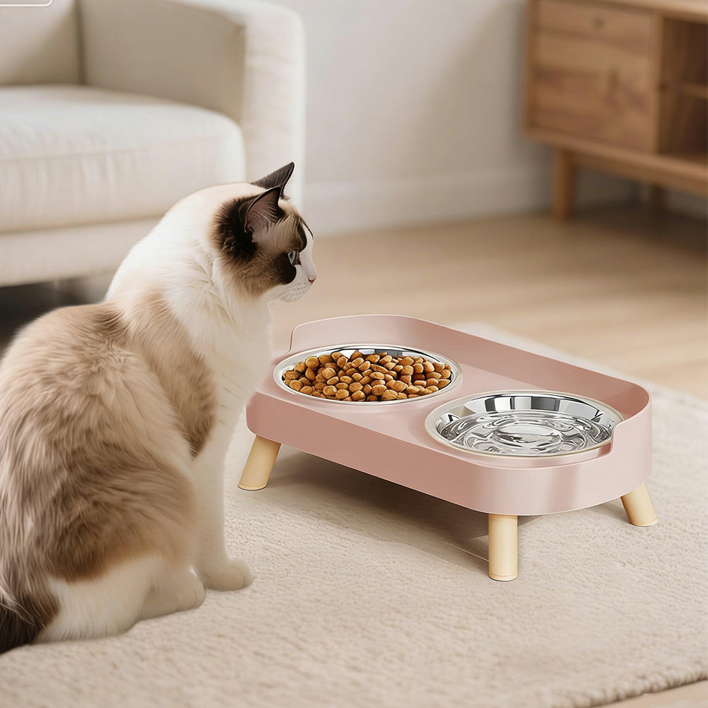 Elevated Double Stainless Steel Pet Food and Water Bowl Set-Pink