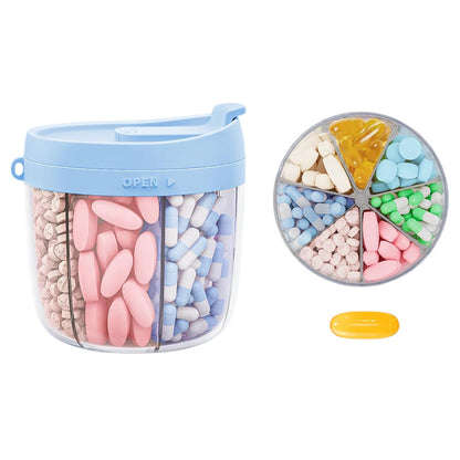 7-Compartment Pill Organizer Bottle with Handle & Rotating Lid for Travel Blue