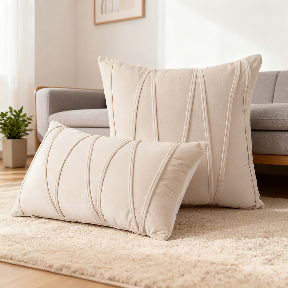 2PCS Velvet Stripe Cushion Covers Decorative Throw Pillow Cases for Sofa & Home Decor Beige