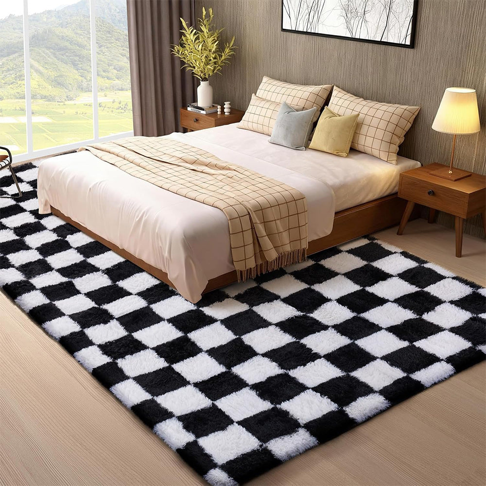 Checkered Plush Shaggy Rug Thickened Non Slip Carpet for Living Room Bedroom-Black