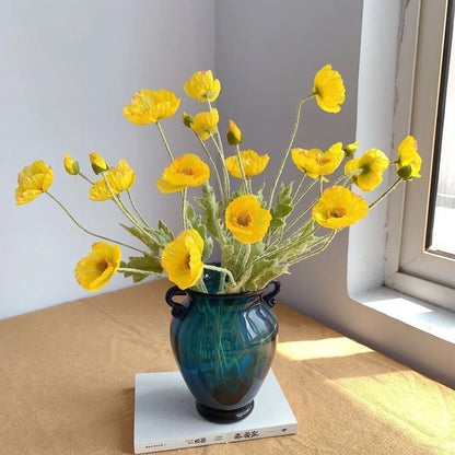 3Pcs 4-Head Artificial Corn Poppy Flowers Flocking Stem Bouquet Home Office Decor Yellow