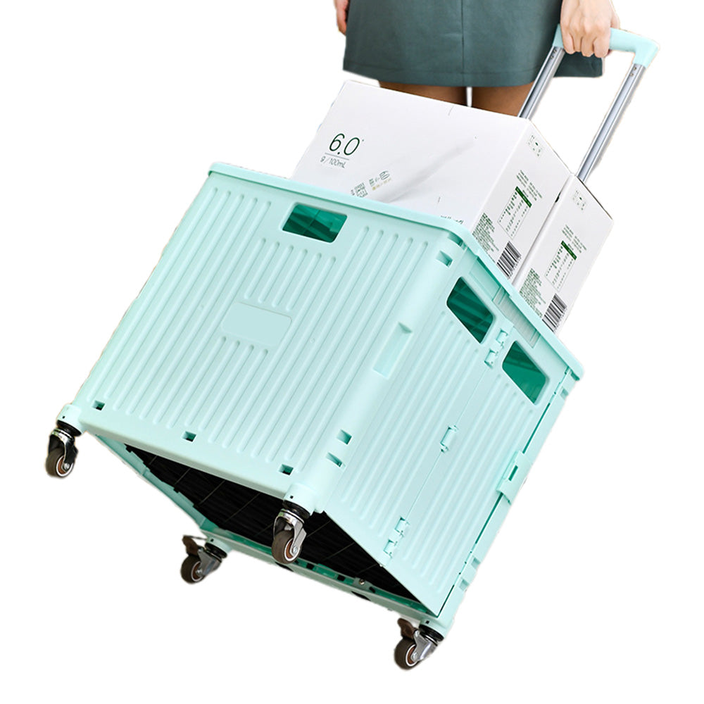 65L Folding Utility Cart Portable Rolling Crate Handcart Shopping Trolley with Lid Green