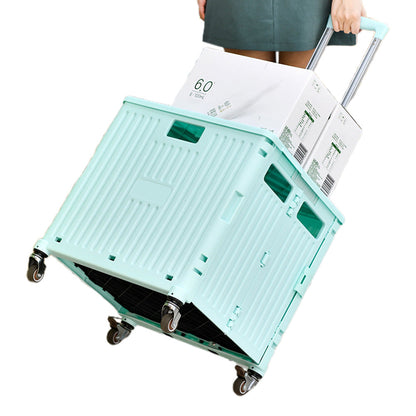 65L Folding Utility Cart Portable Rolling Crate Handcart Shopping Trolley with Lid Green