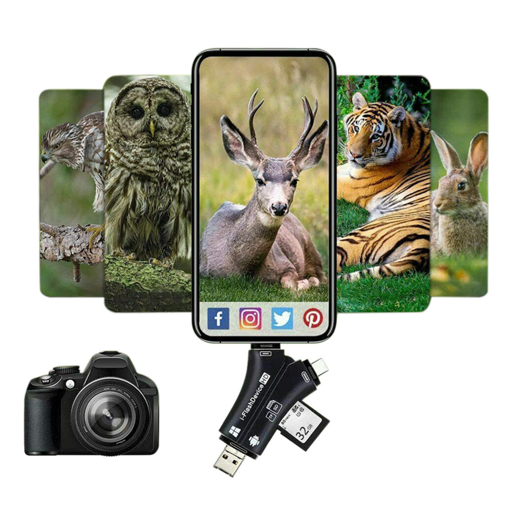 4-in-1 Multi-Port Memory Card Reader â€?USB, USB-C, Micro USB, SD/TF Card Slots and iOS Charging Port Adapter