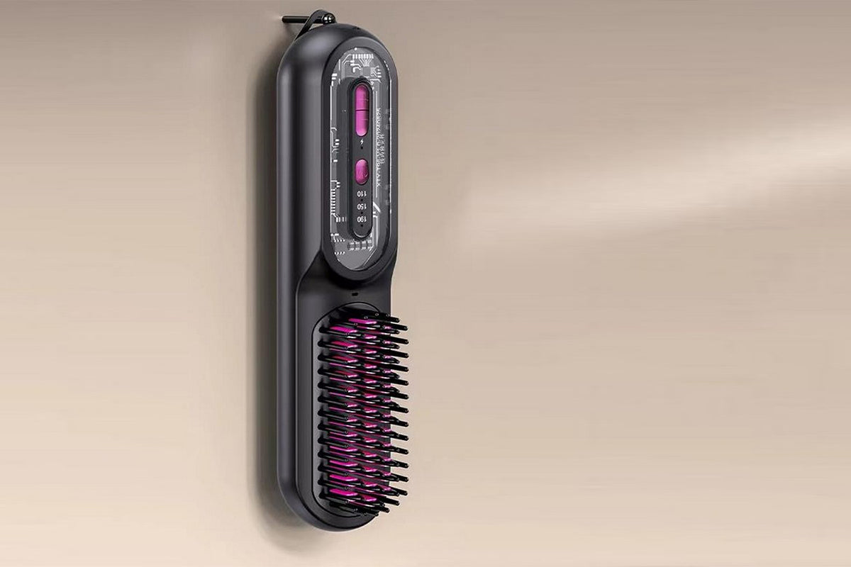 2-in-1 Ionic Hair Straightener Brush with Anti-Scald Ceramic Straightening Brush -Rose Red