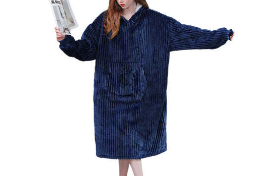 Wearable Blanket Sweatshirt for Women and Men Thick Flannel Hooded Sweatshirt Loungewear -Navy