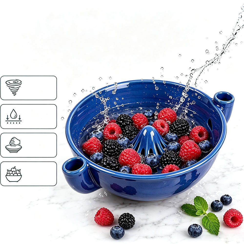 Ceramic Swirl Colander Bowl for Washing Draining and Serving - Blue