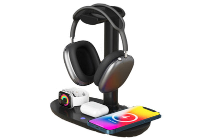 Wireless Charging Station 4-in-1 Qi Fast Charger Charging Dock Stand for iPhone Samsung Galaxy -Black