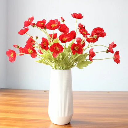 3Pcs 4-Head Artificial Corn Poppy Flowers Flocking Stem Bouquet Home Office Decor Red