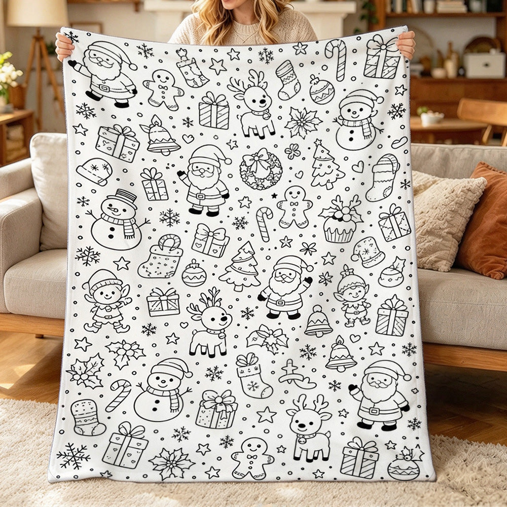 Adult DIY Christmas Coloring Blanket Black and White Line Art - Snowman