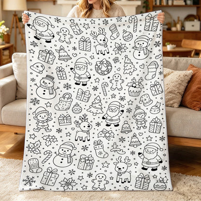 Adult DIY Christmas Coloring Blanket Black and White Line Art - Snowman