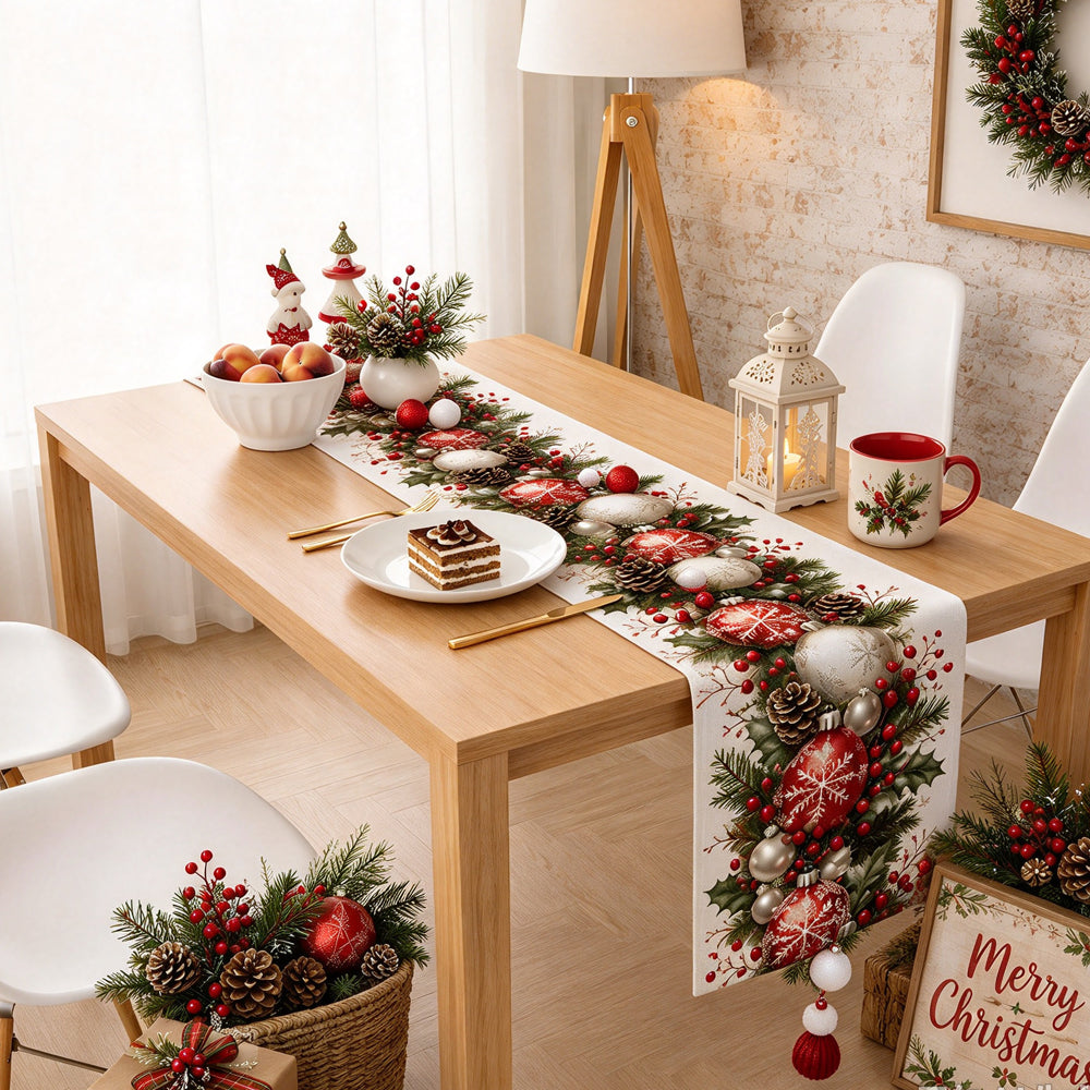 Christmas Snowflake Table Runner Wrinkle Resistant Holiday Table Runner - Berry