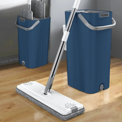 360-degree Rotatable Flat Floor Mop and Bucket Set with 4 Microfiber Mop Pads Floor Cleaning Tool Blue