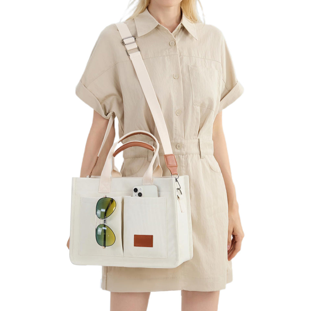 Canvas Tote Bag with Laptop Compartment Multi-Pocket Crossbody for Women Beige