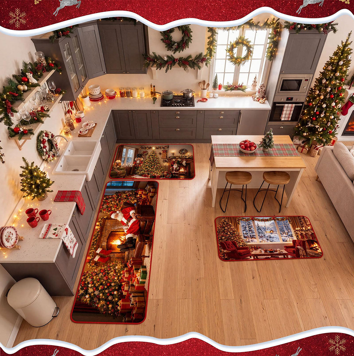 3 Piece Christmas Kitchen Floor Mat Set - Santa
