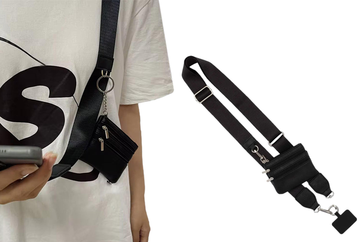 Phone Strap With Zippered Wallet Pouch Adjustable Phone Strap Crossbody Phone String-Black