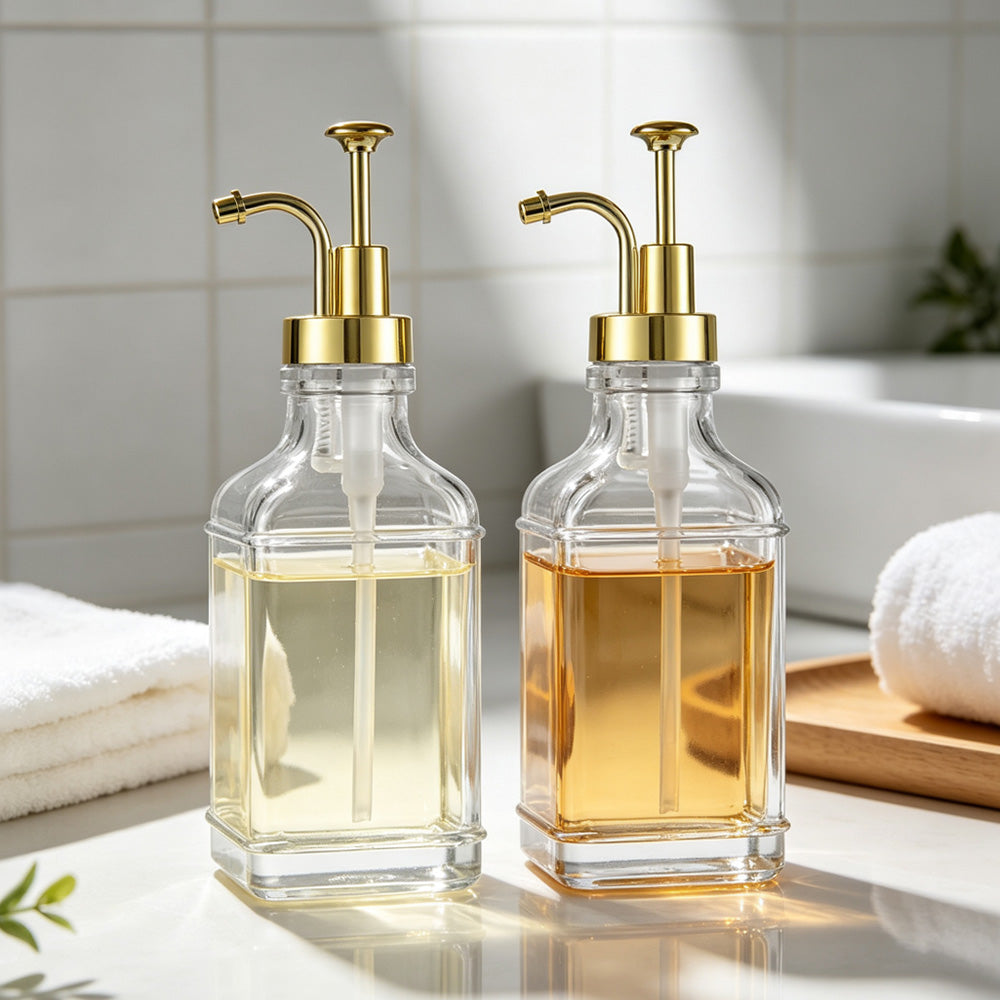 2 Pack 500ml Square Glass Syrup Soap Dispenser Bottles with Funnel - Gold