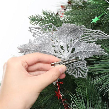 24Pcs Artificial Flowers Christmas Tree Ornaments for Wreath Fireplace Stairs Decor Silver