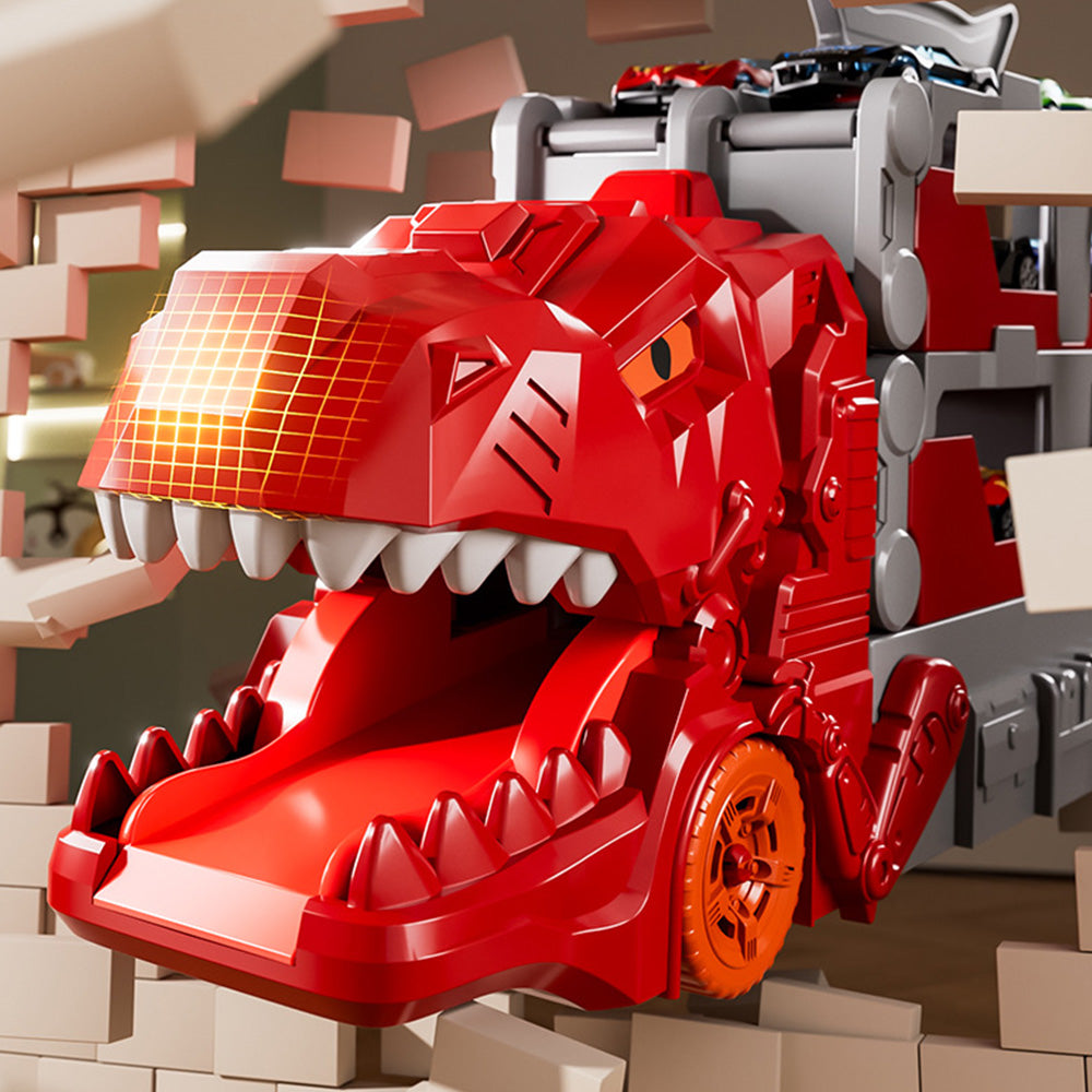 Foldable Dinosaur Truck with Dual Tracks and 6 Small Cars - Red
