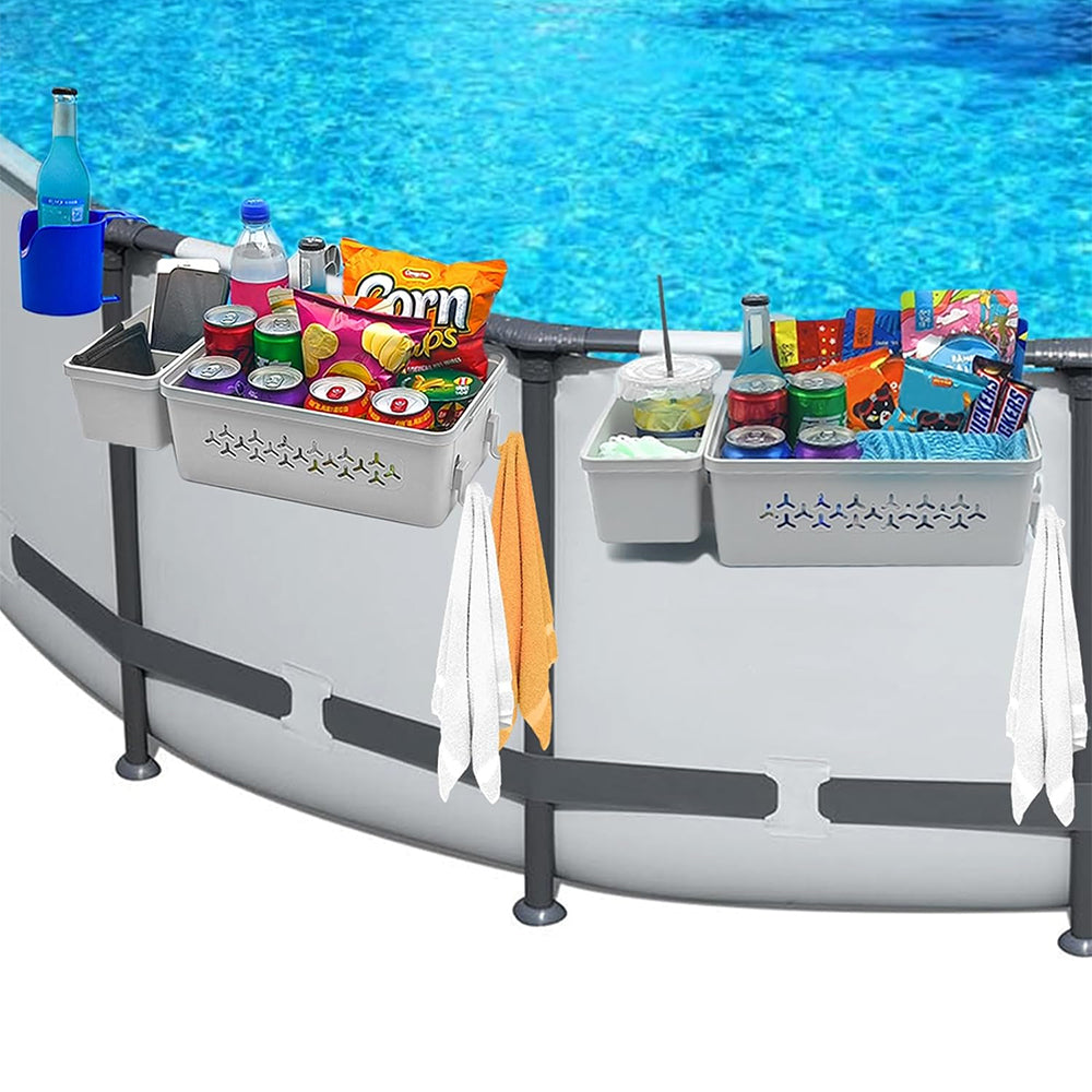 Hanging Poolside Storage Baskets with Cup Holders Above Ground Pool Accessories Grey
