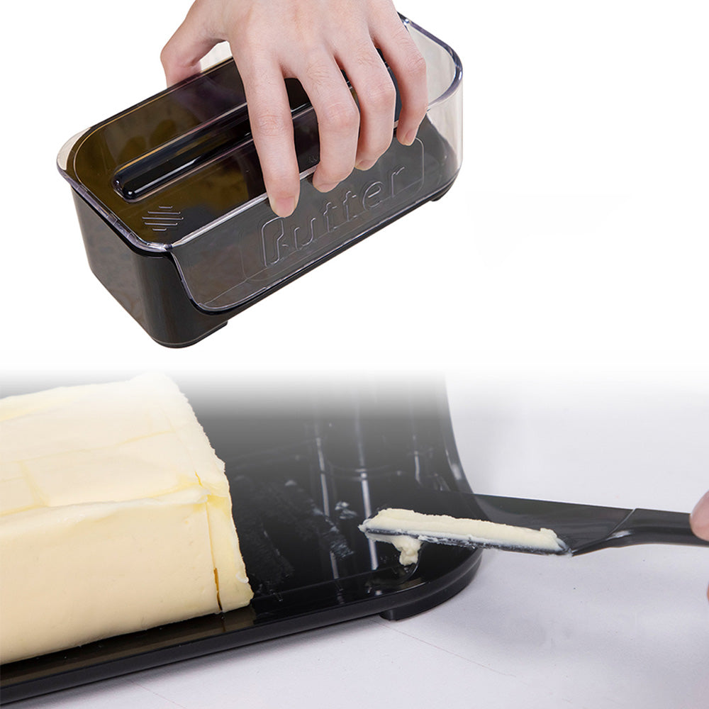 Plastic Butter Dish with Lid and Scale Line Butter Container with 180 Degrees Rotating Sealing Flip-Top for Countertop Fridge Black
