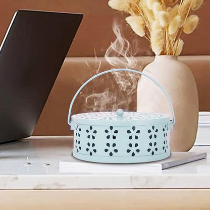Metal Mosquito Coil Holder with Lid Portable Hanging Incense Burner Box Blue