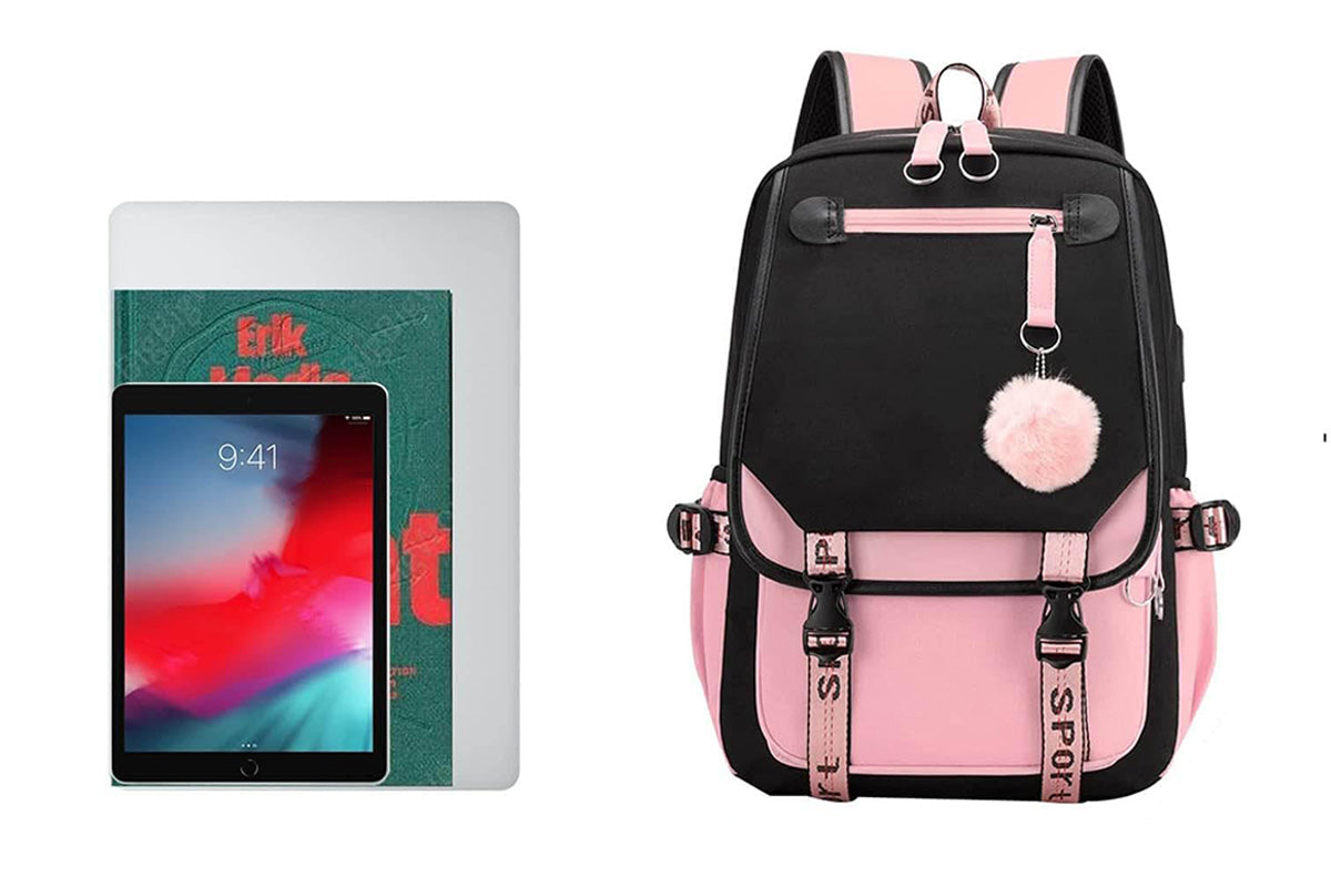 Girls Backpack Middle School Students Bookbag with USB Charge Port-Pink