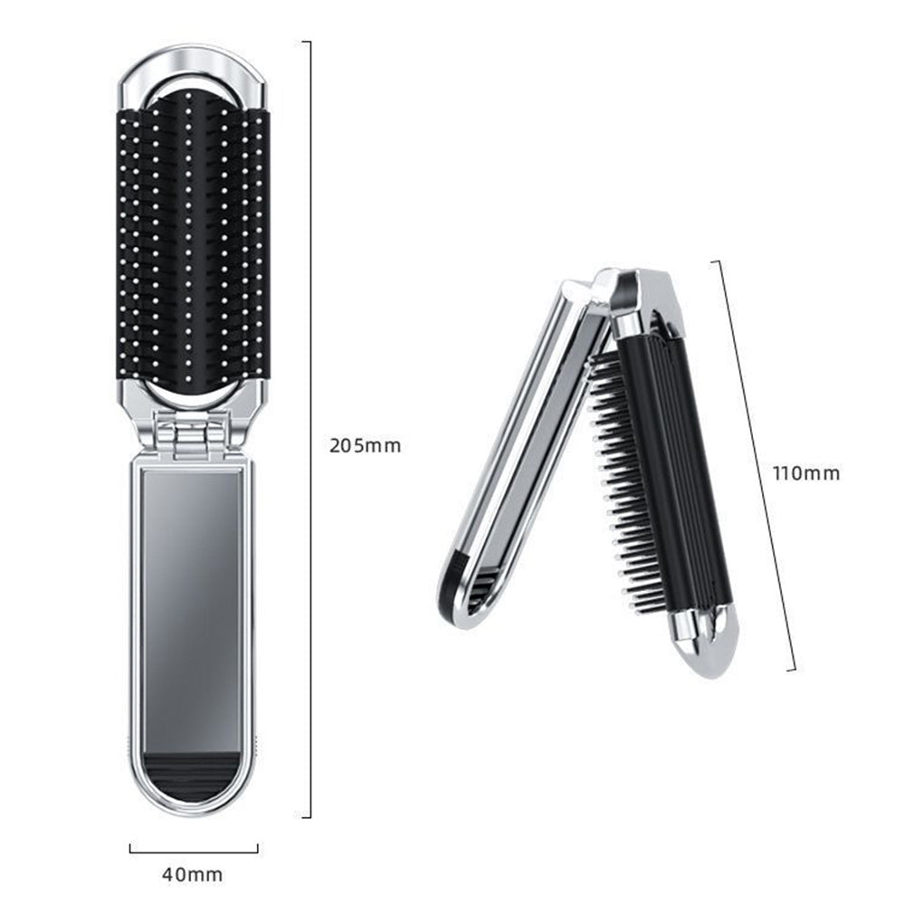 2Pcs Folding Hair Brush with Detachable Makeup Mirror Portable for Travel-Silver