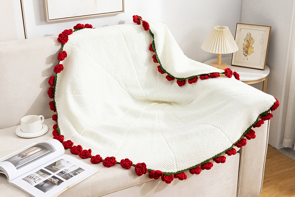 Handmade Knitted Flowers Rose Bouquet Blanket Knitted Throw Blanket -Red Camellia