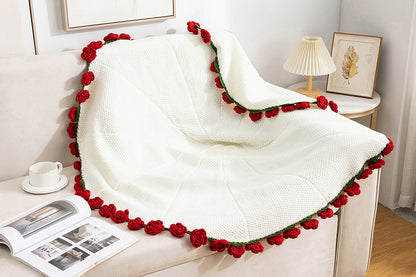 Handmade Knitted Flowers Rose Bouquet Blanket Knitted Throw Blanket -Red Camellia