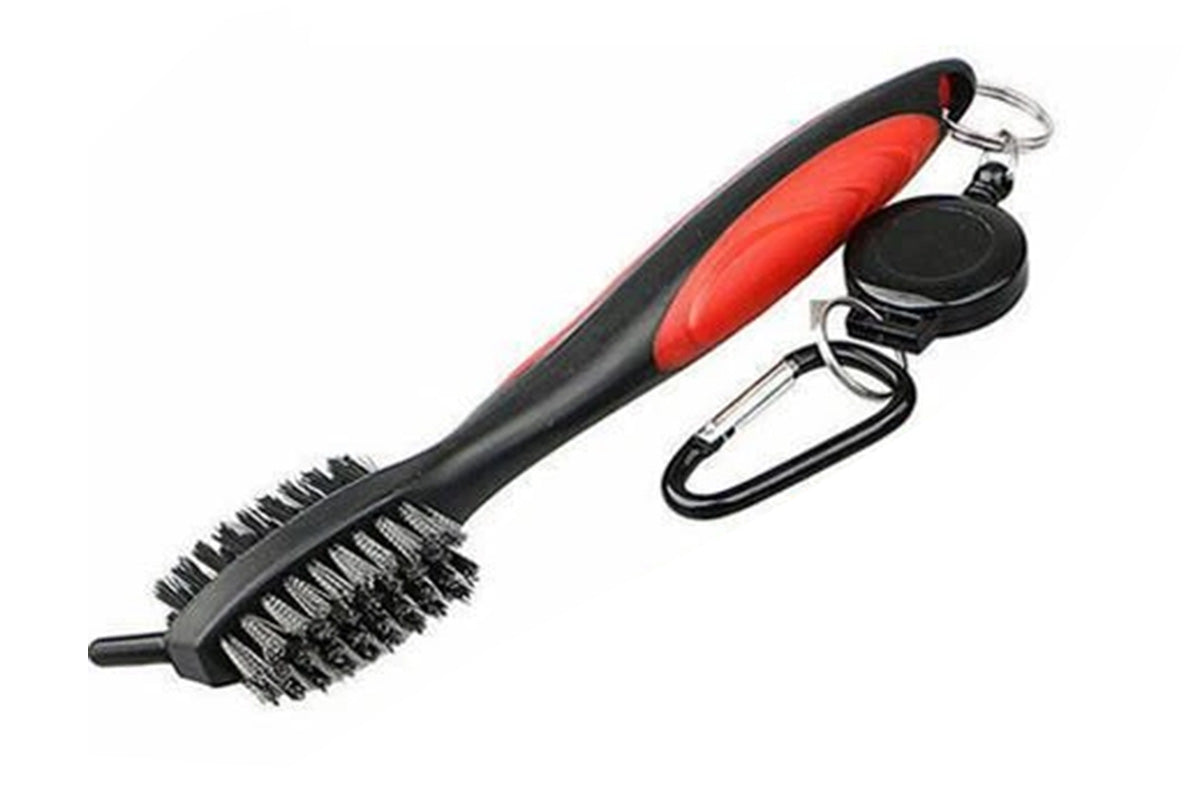 Dual Sided Golf Club Groove Cleaner Brush Tool with Retractable Carabiner -Red