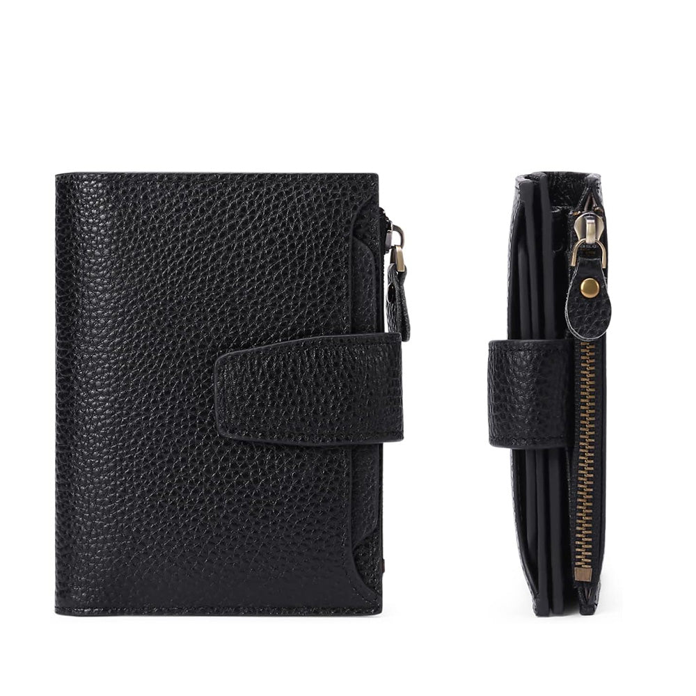 Genuine Leather Women's Wallet Short RFID Blocking Purse with Zipper Black