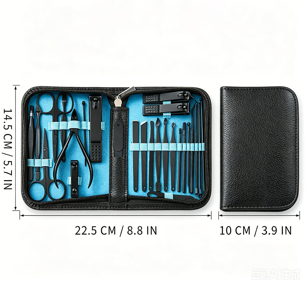 26Pcs Stainless Steel Nail Clipper Set Manicure Pedicure Kit Leather Case-Blue