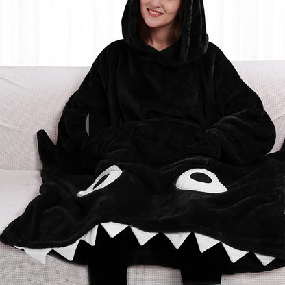 Shark Hoodie Blanket Cartoon Sleeping Wearable Adult Throw Blanket Black