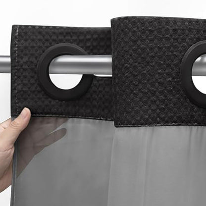 No Hook Shower Curtain with Snap in Fabric Liner Set Waffle Textured Shower Curtain for Bathroom Black