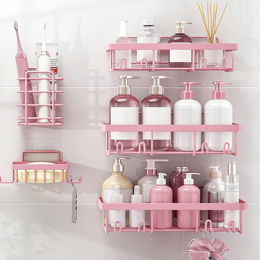 5Pcs Shower Caddy Adhesive Bathroom Wall Organizer Rack-Pink