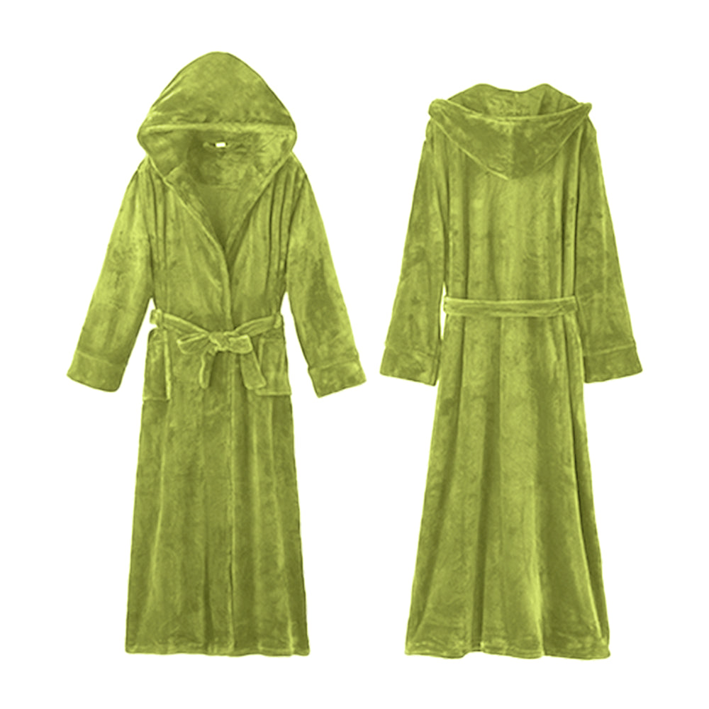 Unisex Winter Long Bathrobe Solid Warm Hooded Bath Robe for Lovers Green
