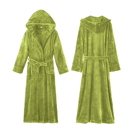 Unisex Winter Long Bathrobe Solid Warm Hooded Bath Robe for Lovers Green