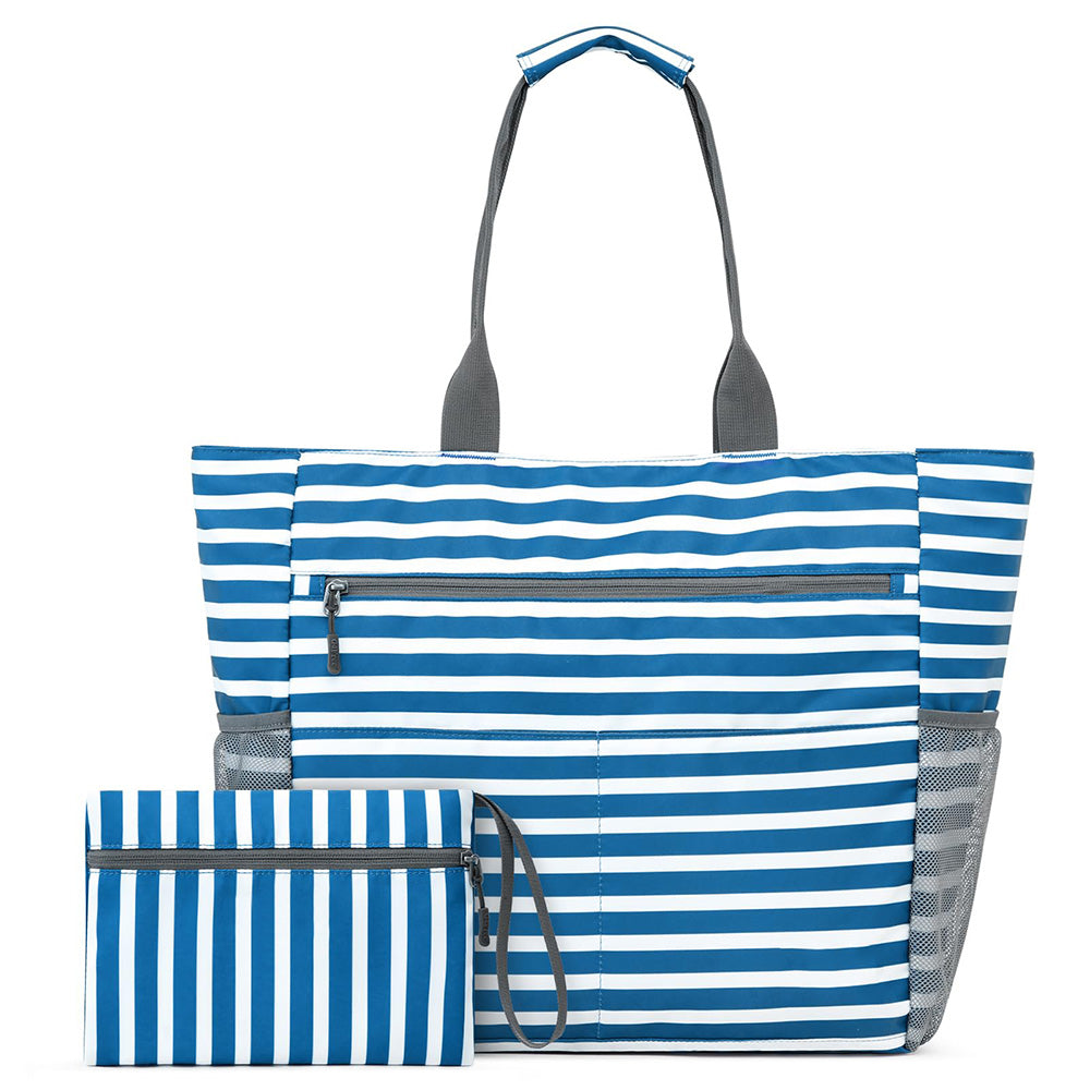 Beach Bag Large Foldable Sandproof Totes Bag With Zipper Beach Shoulder Bag-Blue