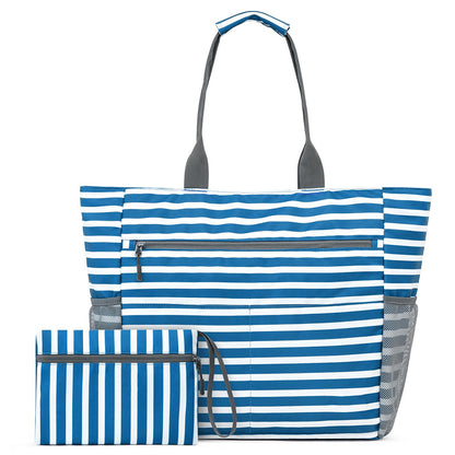 Beach Bag Large Foldable Sandproof Totes Bag With Zipper Beach Shoulder Bag-Blue