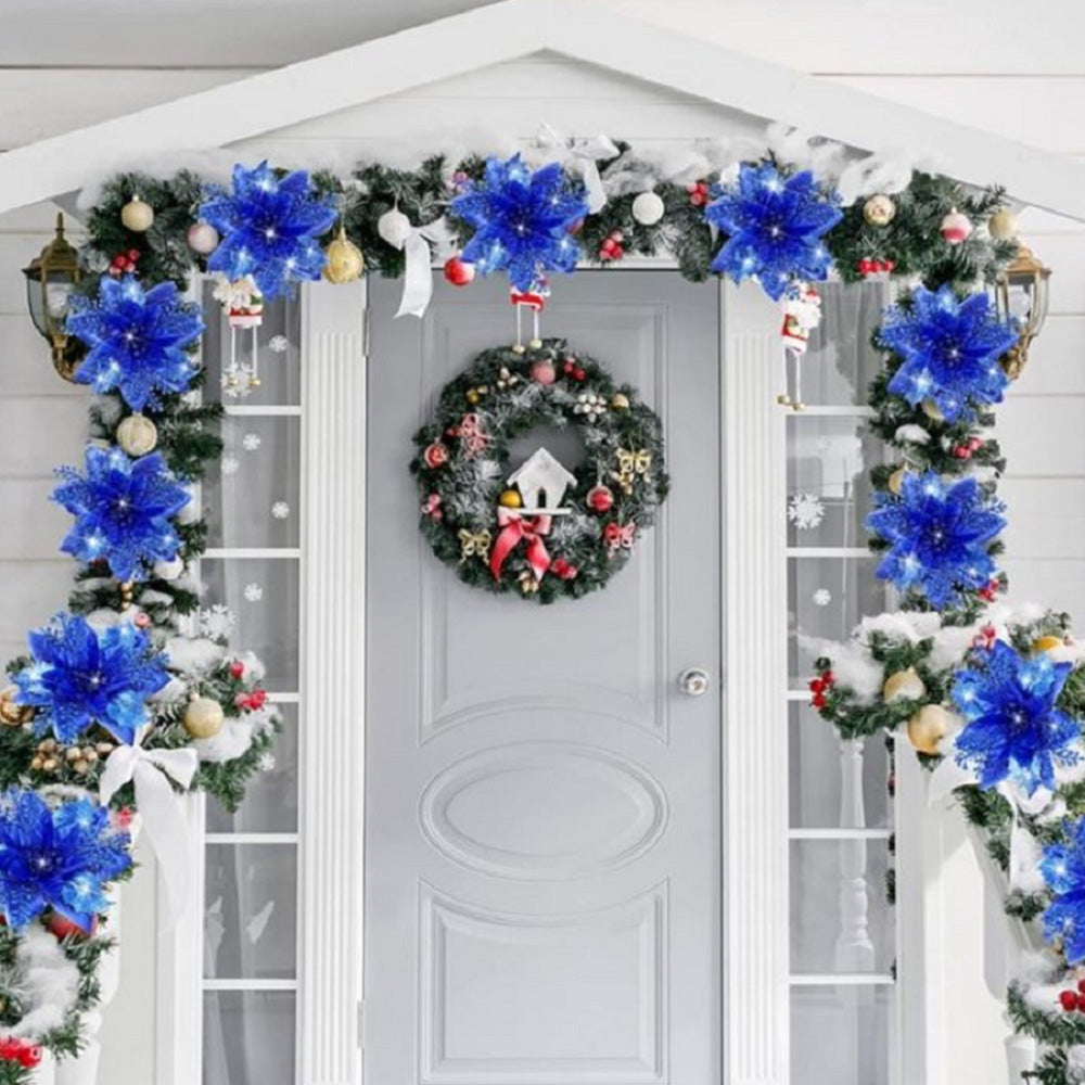 10Pcs Red and Gold Poinsettia Artificial Christmas Flowers ¨C Xmas Tree Ornaments Blue