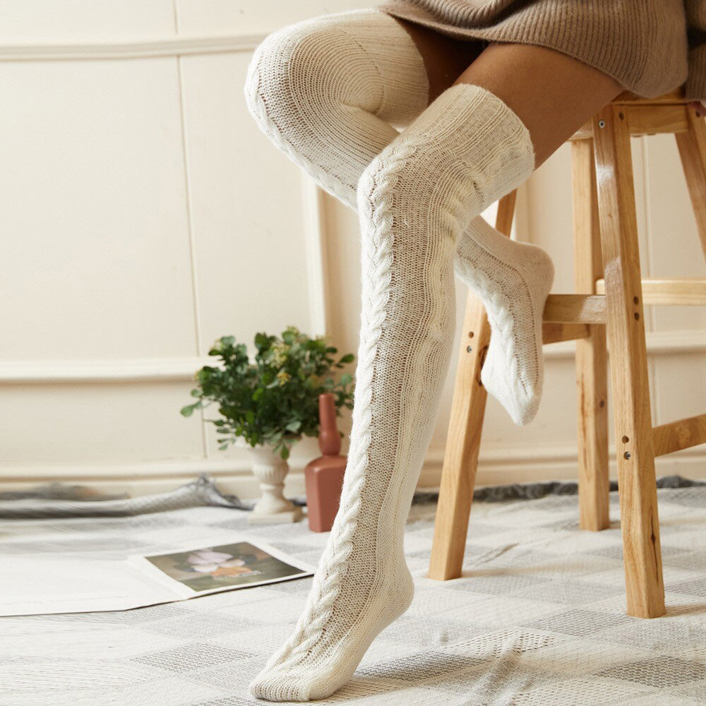Women's Knitted Over Knee Socks Thick and Warm Long Stockings-White