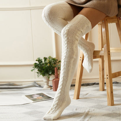 Women's Knitted Over Knee Socks Thick and Warm Long Stockings-White