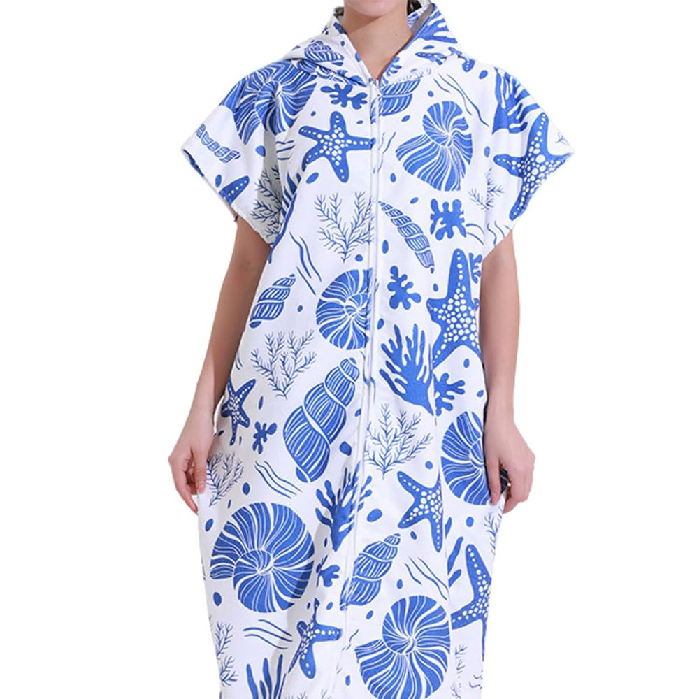 Adult Hooded Zip Up Swim Changing Robe Microfiber Beach Towel Poncho - Conch and Starfish