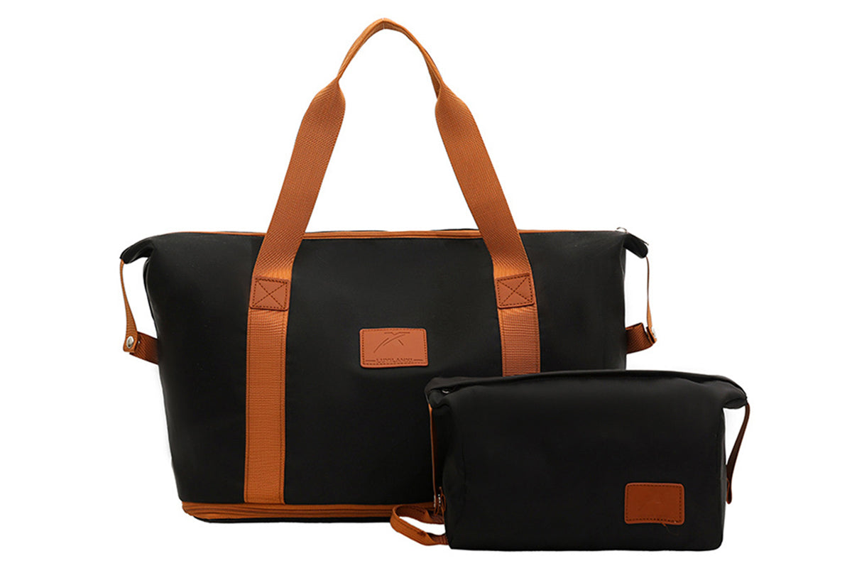 2Pcs Expandable Overnight Travel Duffel Bag Set Weekender Bag with Toiletry Bags -Black