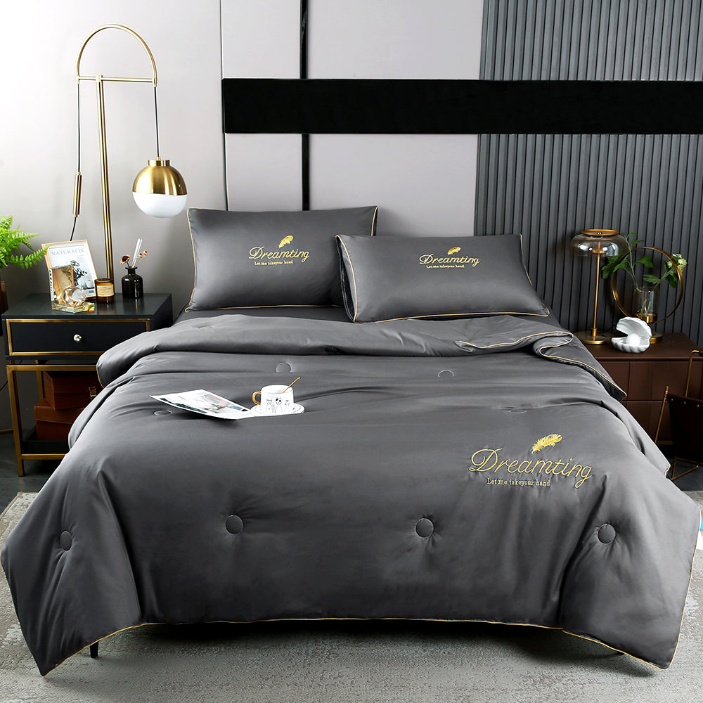 4Pieces Set Summer Cool Feeling Bedding Set Air Conditioning Comfy Comforter Pillowcase Bed Sheet Dark Grey